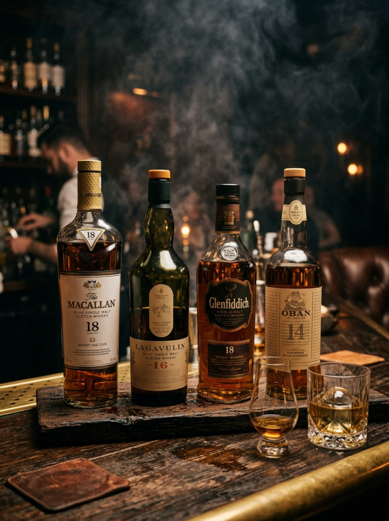Four bottles of single malt Scotch whisky labeled Macallan 18, Lagavulin 16, Glenfiddich 18, and Oban 14 on a bar with whisky glasses